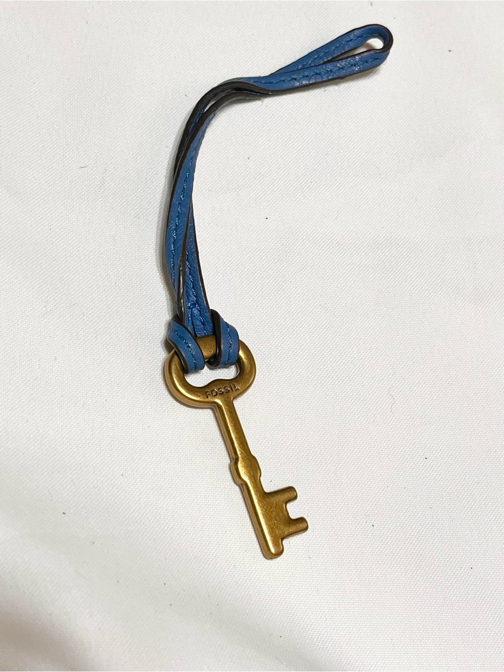 Fossil Blue Leather Loop Key Charm with Brass-Tone Key